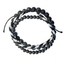 3 STRAND BLACK WHITE LEATHER W/BALLS BRACELET