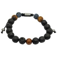 BR7290 ADJUSTABLE LAVA BEAD BRACELET W/ WOODEN & TIGER EYE FEATURE BEADS