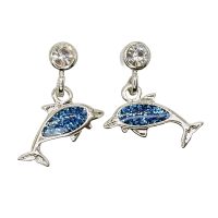 BLUE GLITTER DOLPHIN W/ CRYSTAL POST EARRING