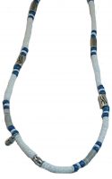WHITE HEISHI SHELL W/ METAL WAVE FEATURE BEADS AND BLUE BEADS