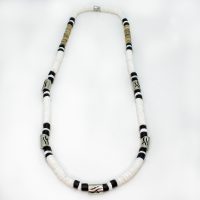 WHITE HEISHI SHELL W/ METAL WAVE FEATURE BEADS