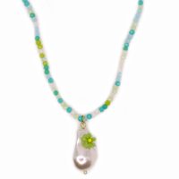 MARINE COLOURED BEADED CHOKER W/ PEARL & FLOWER