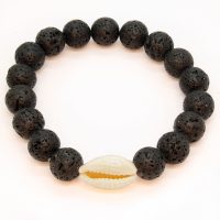 BLACK LAVA BEAD BRACELET W/ COWRIE SHELL