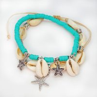 SET OF 2 COWRIE SHELL & TEAL HEISHI ANKLETS