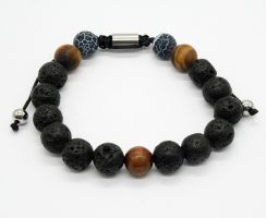 BR7290 ADJUSTABLE LAVA BEAD BRACELET W/ WOODEN & TIGER EYE FEATURE BEADS