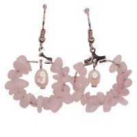 ROSE QUARTZ CHIP HOOP EARRINGS W/ PEARL