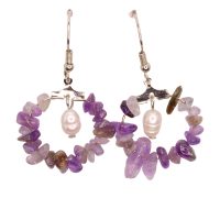 AMETHYST CHIP HOOP EARRINGS W/ PEARL