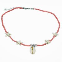 PINK SEED BEAD WHITE STARS CHOKER