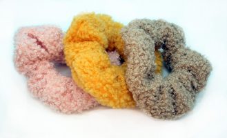 3-PIECE MUSTARD, PINK AND NATURAL FLEECE SCRUNCHIE SET