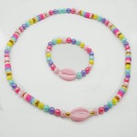 COLOURED BEAD PINK SHELL CHOKER BRACELET SET