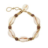 BEIGE ROPE COWRIE SHELL & WOODEN BEAD ANKLET