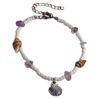 SEASHELL & SEED BEAD BRACELET W/ AMETHYST CHIPS