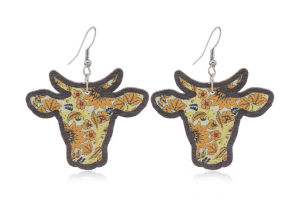 BULL RETRO FLOWER PRINT WOODEN EARRINGS