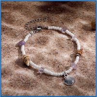 SEASHELL & SEED BEAD BRACELET W/ AMETHYST CHIPS