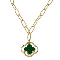 P8256 GOLD PAPERCLIP GREEN CLOVER GOLD CHAIN PENANT