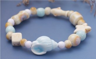 BR8223 PASTEL BLUE SHELL CERAMIC BEAD BRACELET