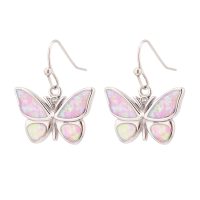 E2155 PINK SYNTHETIC OPAL STEEL BUTTERFLY EARRINGS