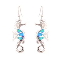 E2162 BLUE SYNTHETIC OPAL STEEL SEAHORSE PEARL EARRINGS W/PEARL