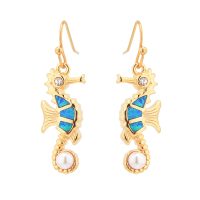 E2163 BLUE SYNTHETIC OPAL GOLD SEAHORSE PEARL EARRINGS W/PEARL
