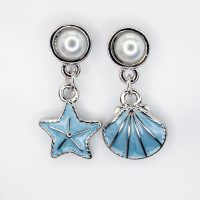 E2164 MISMATCHED BLUE STARFISH/SHELL PEARL EARRINGS