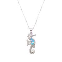 P8231 BLUE SYNTHETIC OPAL STEEL SEAHORSE W/PEARL PENDANT