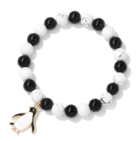 BR8261 PENGUIN CHARM BLACK AND WHITE BEAD BRACELET