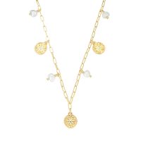 P8271 GOLD PAPERCLIP PENDANT WITH PEARLS AND GOLD SUN CHARMS