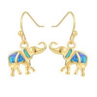 E2183 BLUE SYNTHETIC OPAL STAINLESS STEEL GOLD ELEPHANT EARRINGS