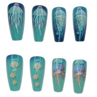 NA1002 24 PIECE BLUE/JELLYFISH  STICK ON NAILS W/STICKY DOTS AND NAIL FILE – PACKED IN A HANGSELL BOX