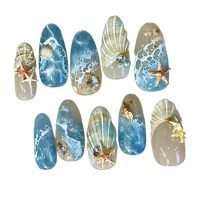NA1011 30 PIECE 3D PASTEL BLUE MULTI MARINE STICK ON NAILS W/STICKY DOTS AND NAIL FILE – PACKED IN A HANGSELL BOX
