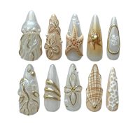 NA1012 30 PIECE 3D GOLD EMBOSSED MARINE STICK ON NAILS W/STICKY DOTS AND NAIL FILE – PACKED IN A HANGSELL BOX