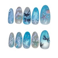 NA1013 30 PIECE 3D FROSTED BEACHLIFE  STICK ON NAILS W/STICKY DOTS AND NAIL FILE – PACKED IN A HANGSELL BOX