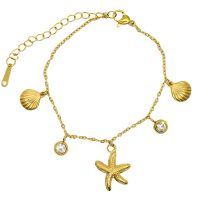 BR8496 STAINLESS STEEL GOLD STARFISH, SHELLS AND CRYSTALS BRACELET