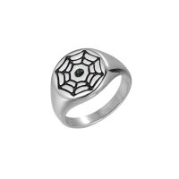 MR324L STAINLESS STEEL SPIDER WEB GREEN GEM RING (LGE)