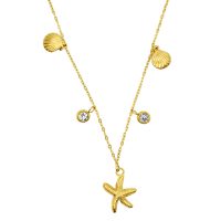 P8495 STAINLESS STEEL GOLD STARFISH, SHELLS AND CRYSTALS PENDANT