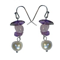 ROSE QUARTZ & AMETHYST CHIP EARRING W/ PEARL